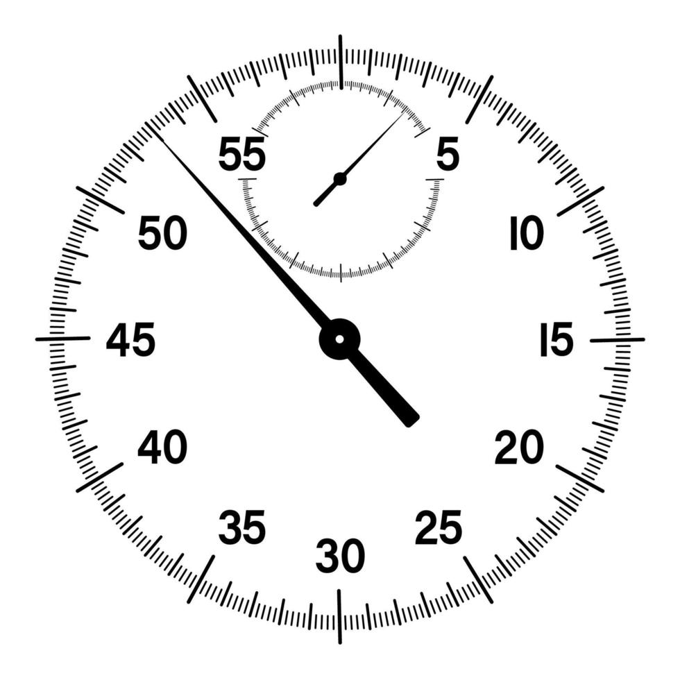 Mechanisches Stoppuhr-Zifferblatt mit Zeigern. Countdown, Geschwindigkeitsmessung. Schwarz-Weiß-Vektor vektor