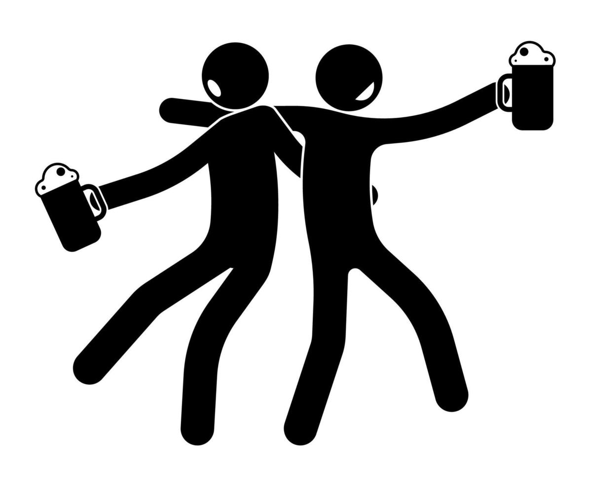 Strichmännchen, zwei betrunkene Kameraden, Freund kehren betrunken aus einem Bierlokal zurück, Kneipe. Becher mit alkoholischem Getränk in der Hand. Gesundheitsschäden durch Alkohol. Vektor auf weißem Hintergrund