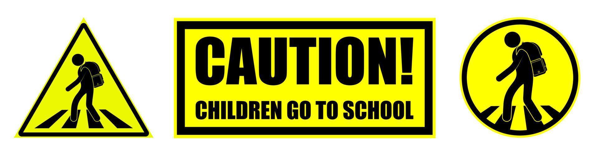 uppsättning av gul svart faro tecken, uppmärksamhet. barn korsar vägen vid övergångsstället till skolan. vägsäkerhet. vektor på vit bakgrund
