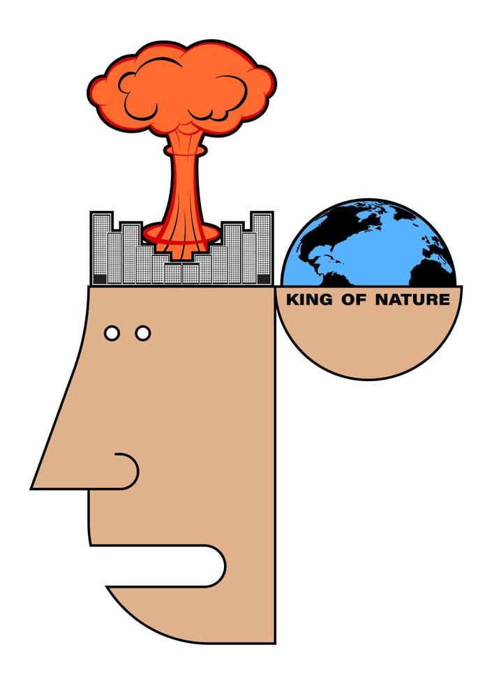 koncept, miljökatastrof. miljöförorening. en explosion inträffade i huvudet på en galen man och hans huvud blåstes bort. obalans på planeten. vektor