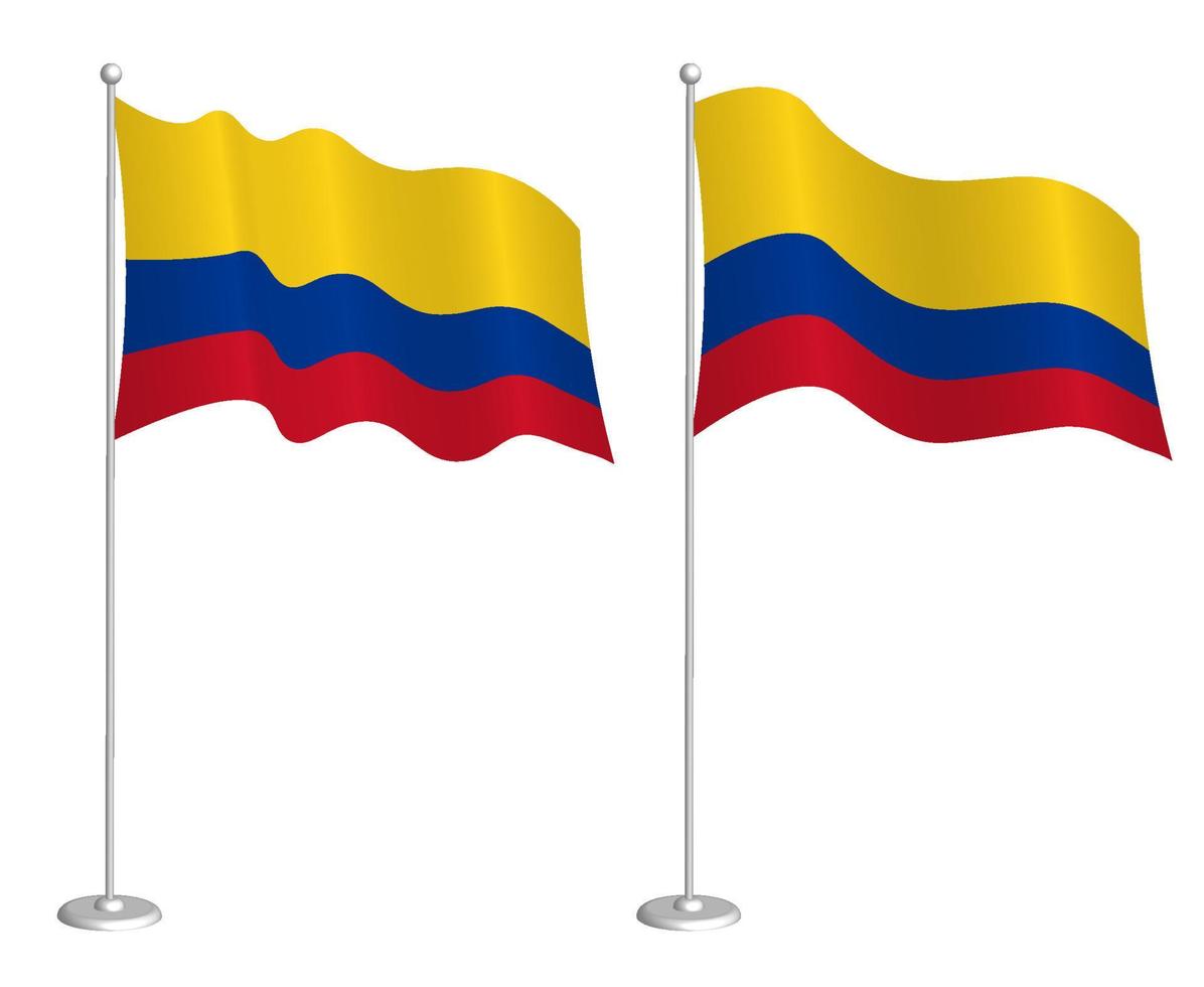 Flagge von Kolumbien am Fahnenmast weht im Wind. Urlaubsgestaltungselement. Kontrollpunkt für Kartensymbole. isolierter Vektor auf weißem Hintergrund