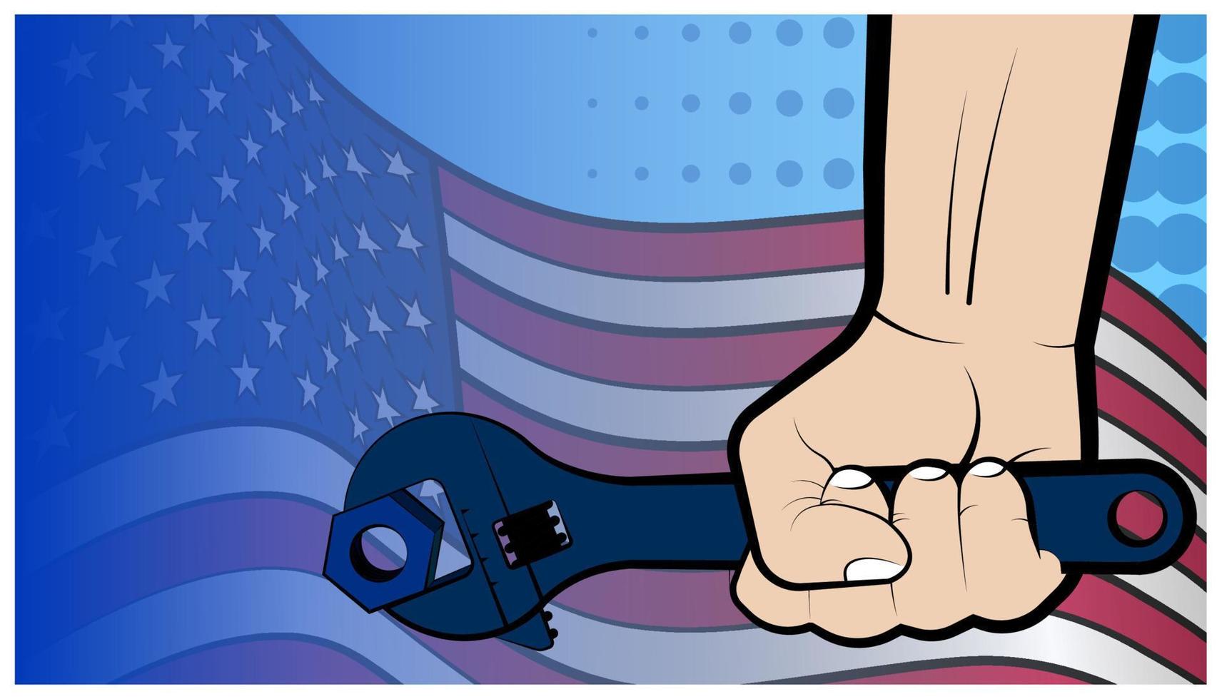 mans hand håller en stor skiftnyckel på bakgrunden av den amerikanska flaggan. usa labor day, illustration för serietidning. vektor