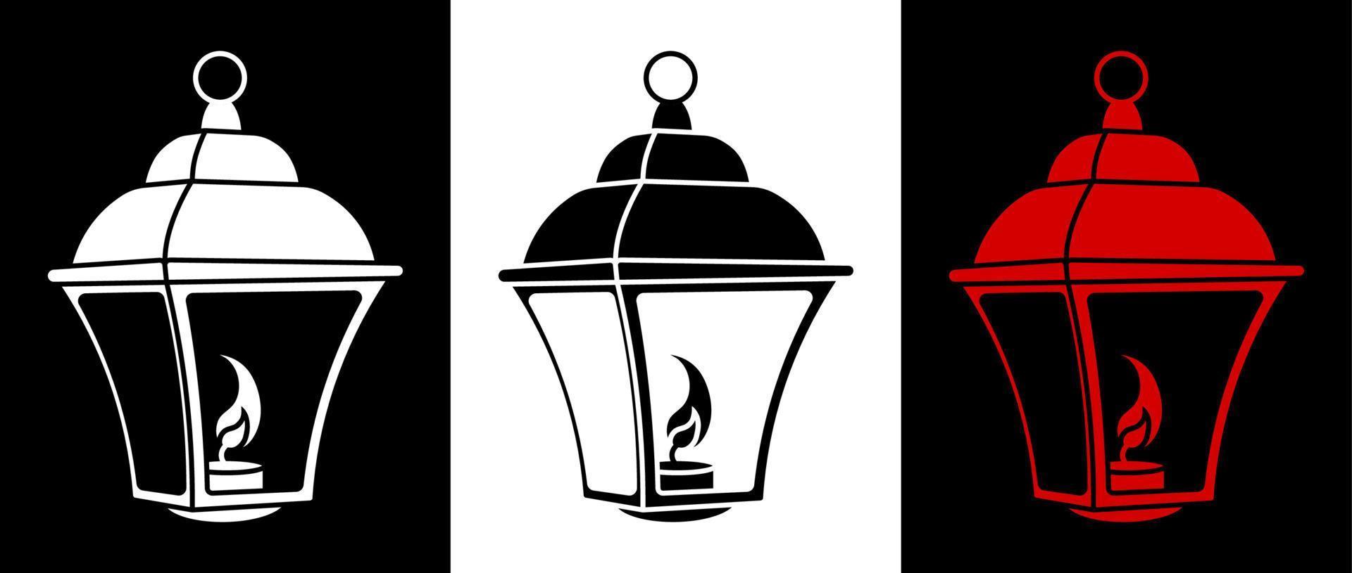 gatubelysning ikon med brinnande ljus inuti. vintagestil. nattromantik i storstaden. gatubelysning på natten. svart och vit vektor