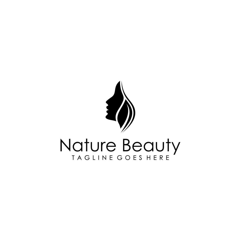 Logo-Designvorlage für das Gesicht der schönen Frau. Haare, Mädchen, Blattsymbol. abstraktes designkonzept für schönheitssalon, massage, magazin, kosmetik und spa. vektor