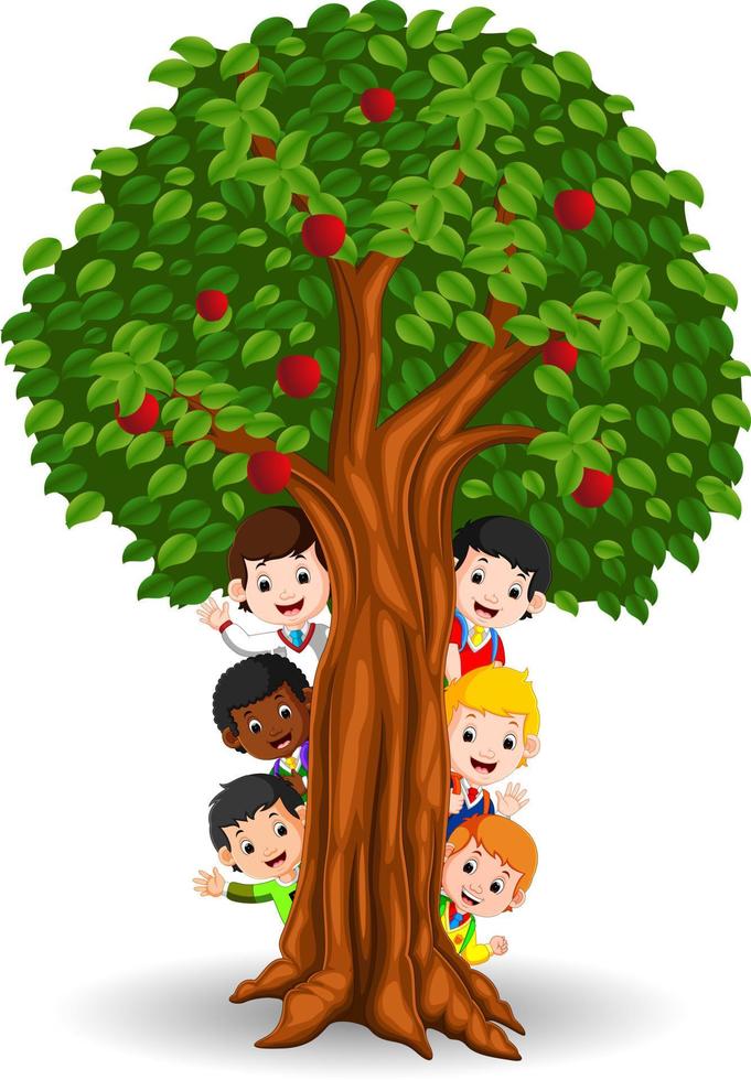 Kinder spielen in einem Apfelbaum vektor