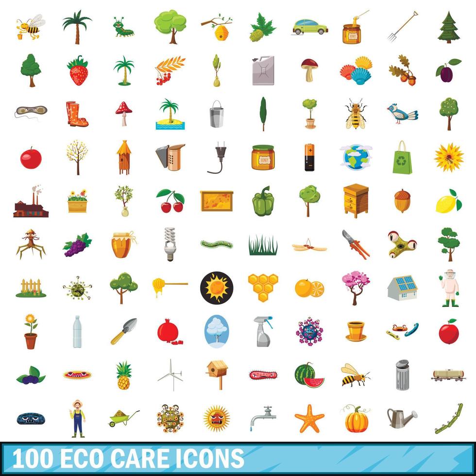 100 Eco-Care-Icons gesetzt, Cartoon-Stil vektor