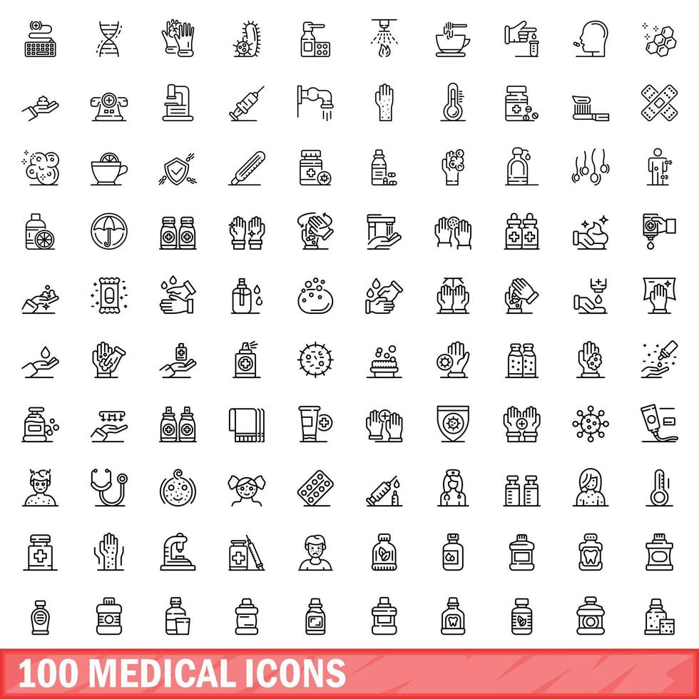 100 medicinska ikoner set, konturstil vektor