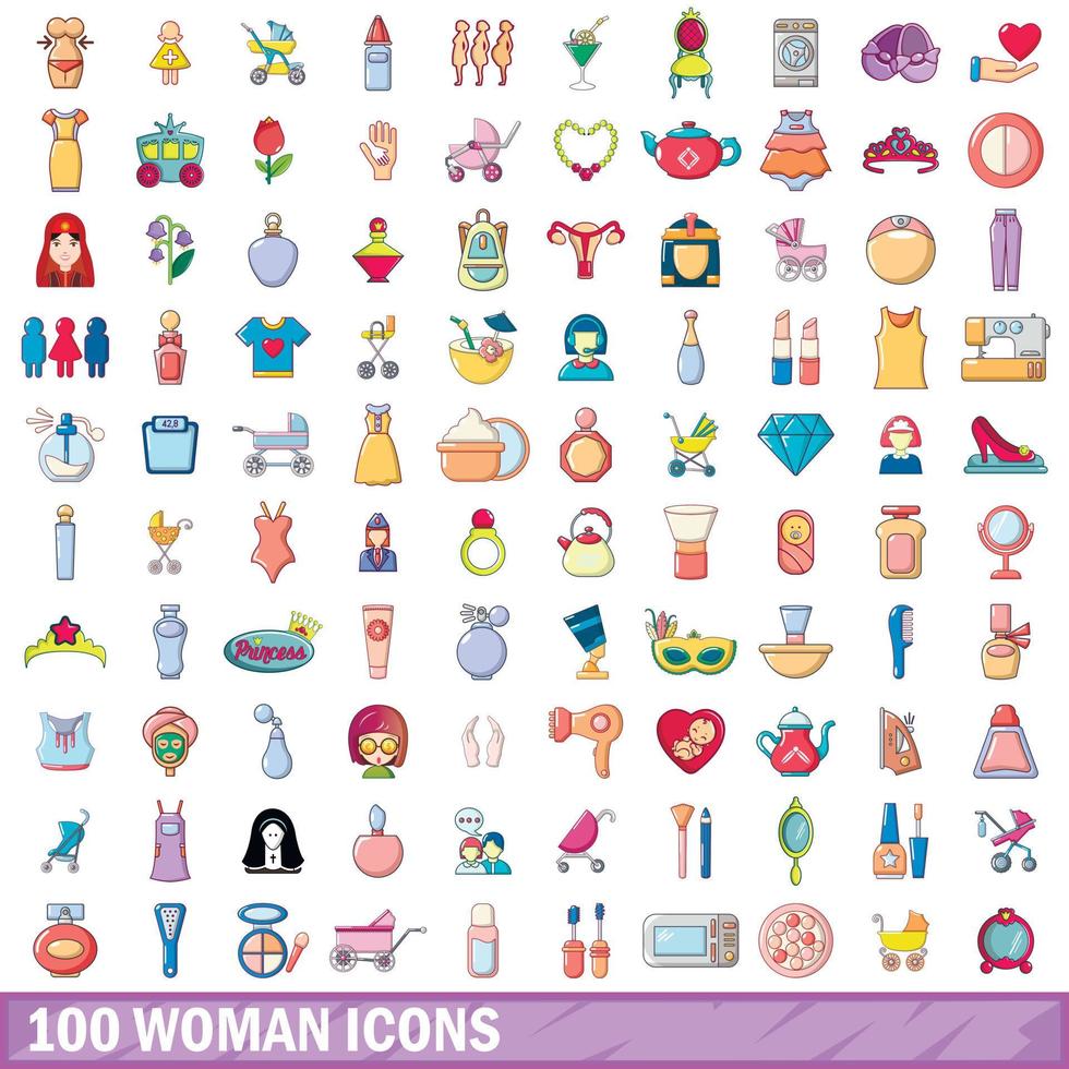 100 Frauen-Icons gesetzt, Cartoon-Stil vektor