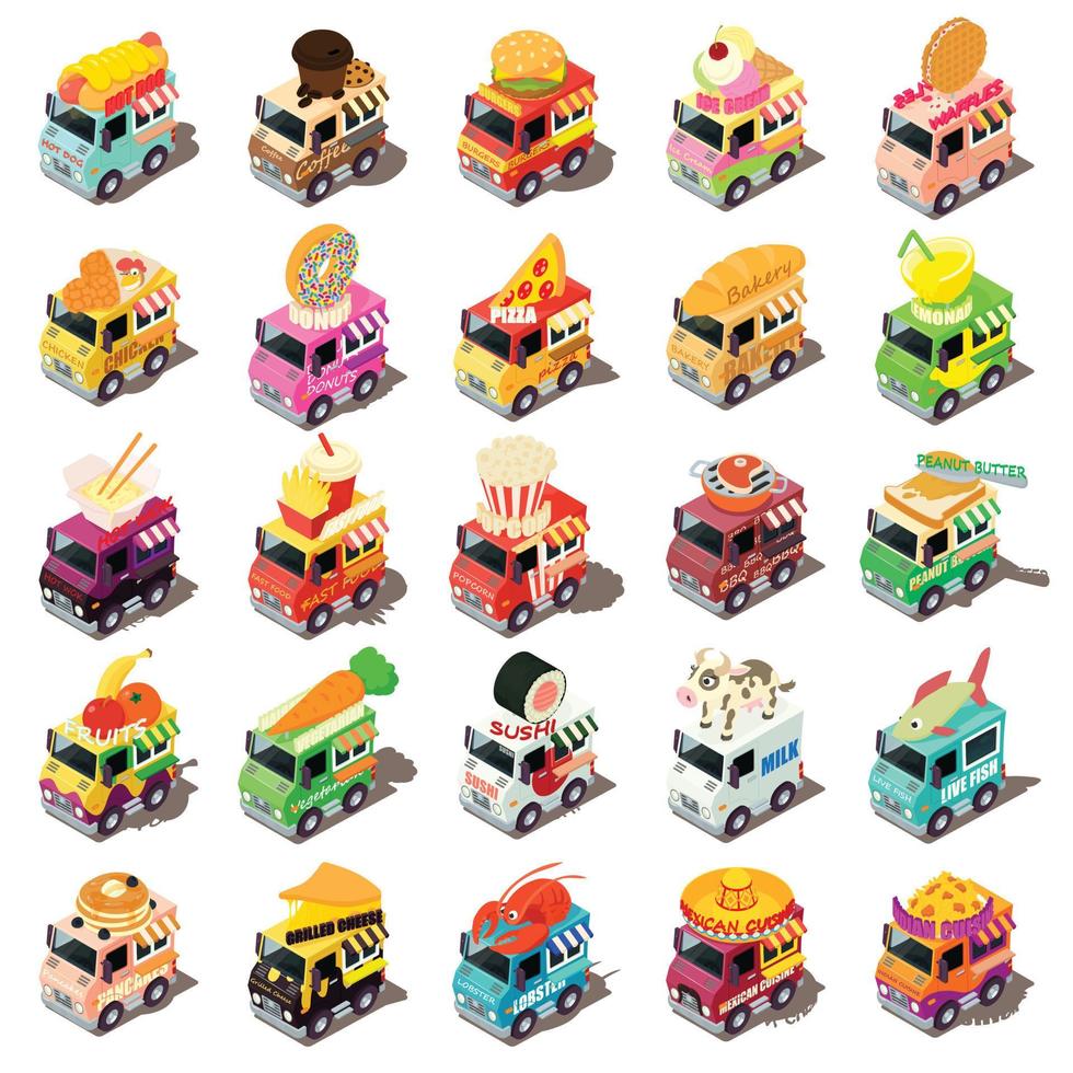 Food Truck Icons Set, isometrischer Stil vektor