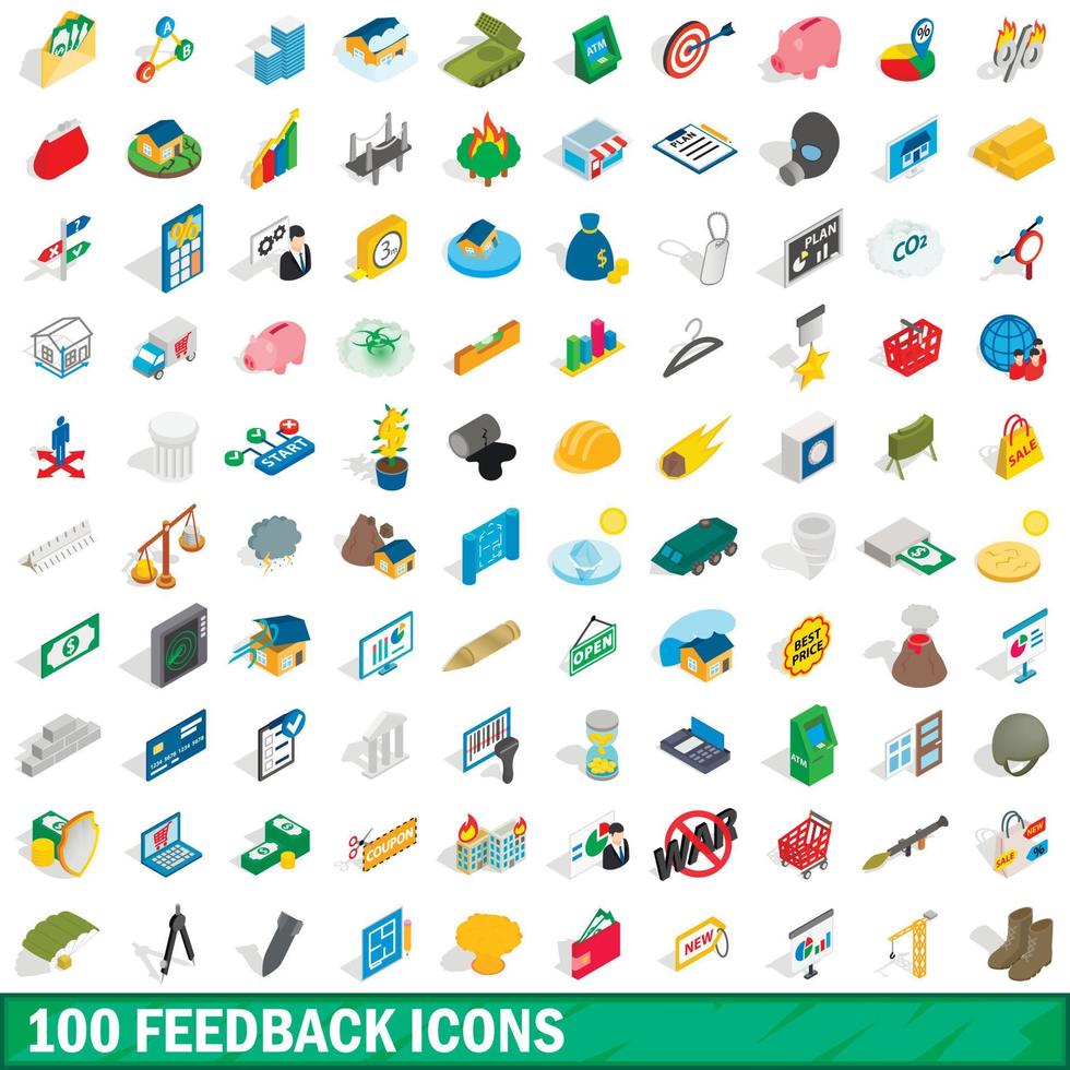 100 Feedback-Icons gesetzt, isometrischer 3D-Stil vektor