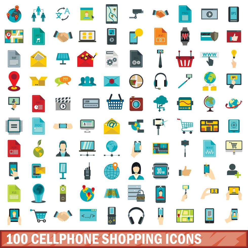 100 mobiltelefon shopping ikoner set, platt stil vektor