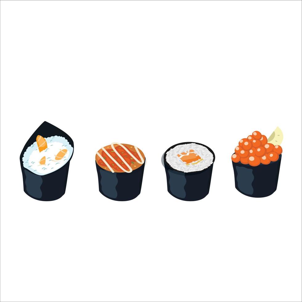 Sushi-Rollen-Set. Isometrische Sushi-Symbole auf weißem Hintergrund. japanisches Essen. vektor