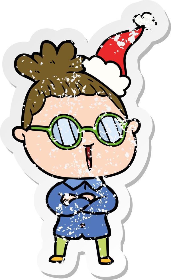 Distressed Sticker Cartoon einer Frau mit Brille und Weihnachtsmütze vektor