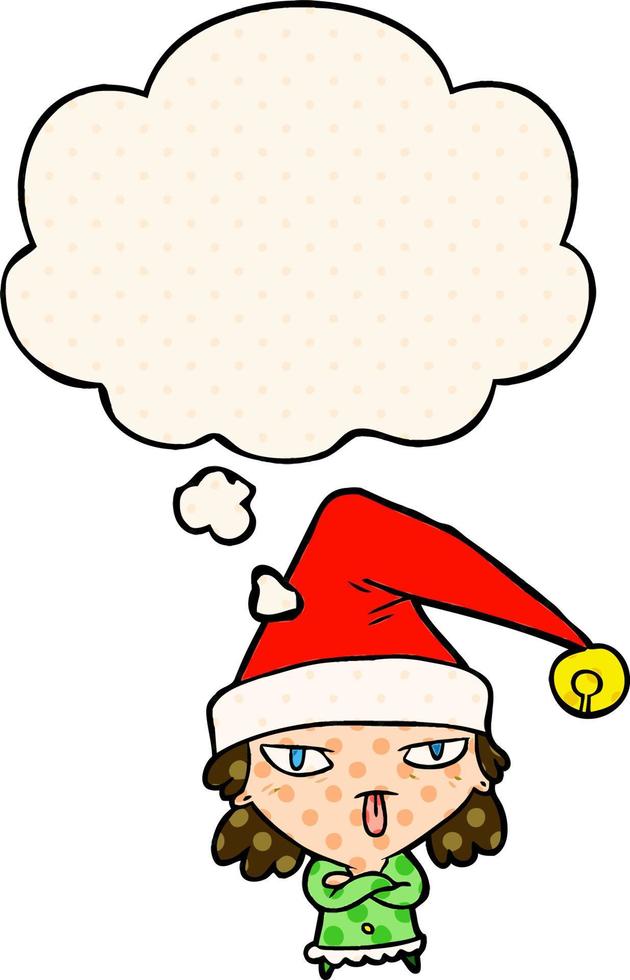 Cartoon-Mädchen mit Weihnachtsmütze und Gedankenblase im Comic-Stil vektor