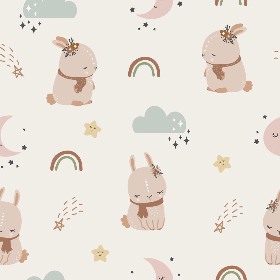 sömlösa barnsliga mönster med kaniner, regnbåge och moln. kreativ barnslig urban textur för tyg, omslag, textil, tapeter, kläder. vektor illustration.