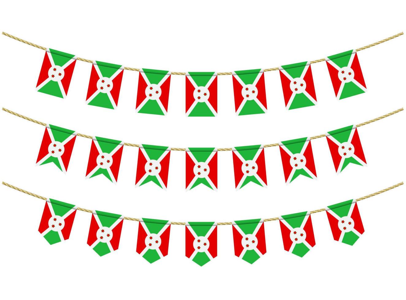 Burundi-Flagge an den Seilen auf weißem Hintergrund. Satz patriotischer Ammerflaggen. Ammer Dekoration der Burundi-Flagge vektor