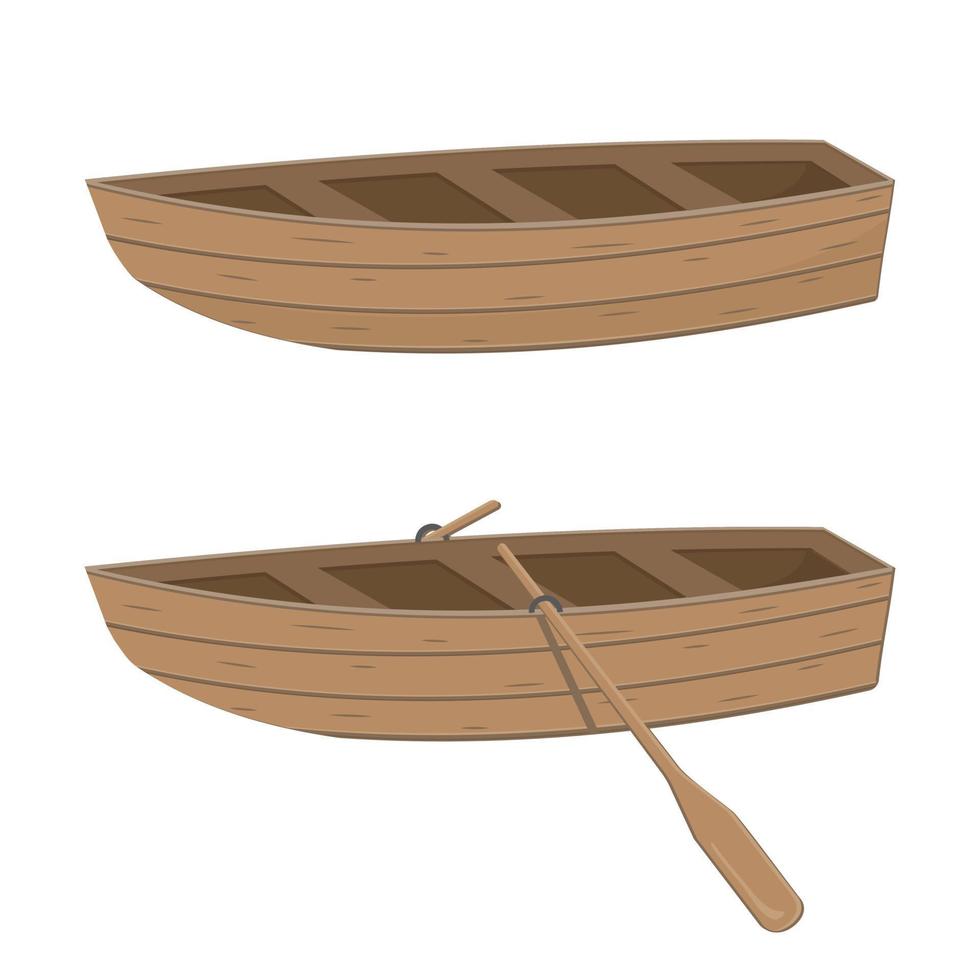 Holzboot mit Rudern, Farbvektorillustration im Cartoon-Stil auf weißem Hintergrund. vektor