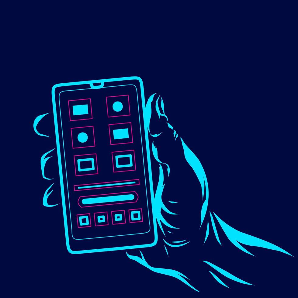 Smartphone-Zelltechnologielinie Pop-Art-Potrait-Logo farbenfrohes Design mit dunklem Hintergrund. abstrakte Vektorillustration. isolierter schwarzer hintergrund für t-shirt, poster, kleidung. vektor