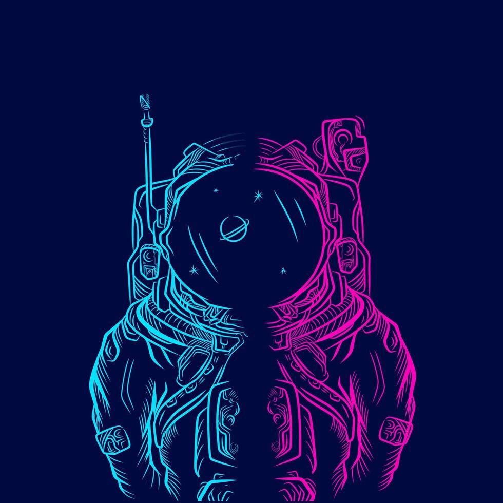 astronaut erkunden das farbenfrohe design des pop-art-porträtlogos der galaxienlinie mit dunklem hintergrund vektor