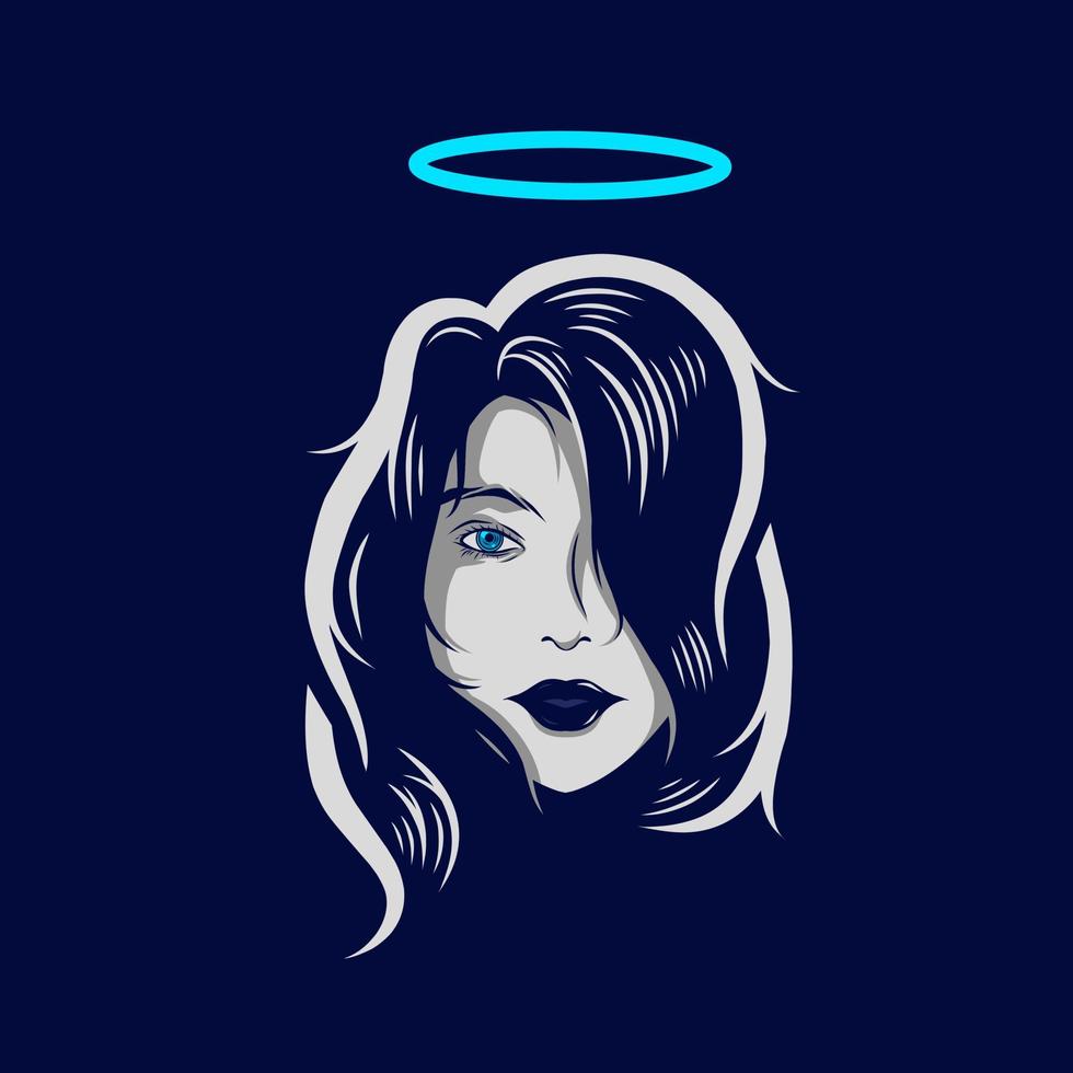 angel girl linje popkonst potrait logotyp färgglad design med mörk bakgrund. kvinna gudinna vektorillustration. isolerad svart bakgrund för t-shirt, affisch, kläder, merch, kläder, vektor