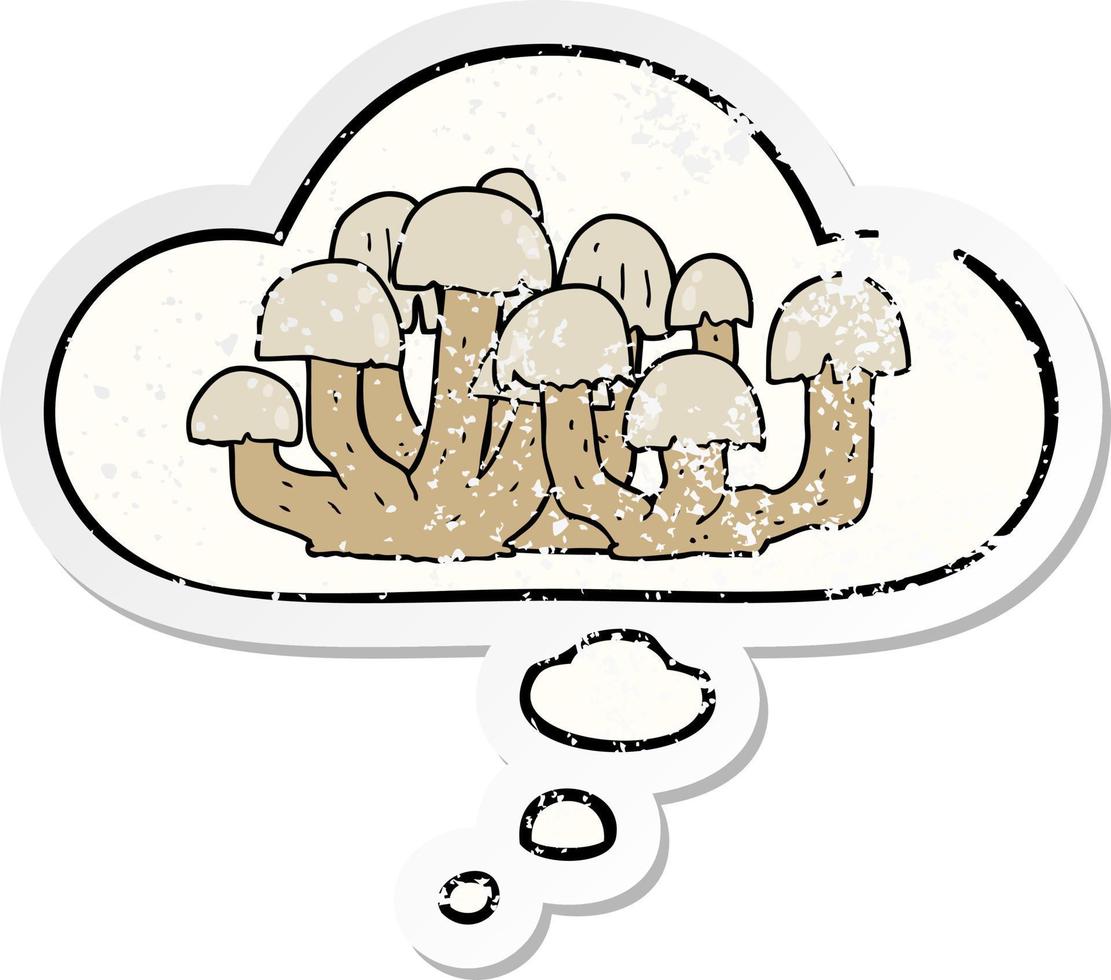 Cartoon-Pilz und Gedankenblase als beunruhigter, abgenutzter Aufkleber vektor