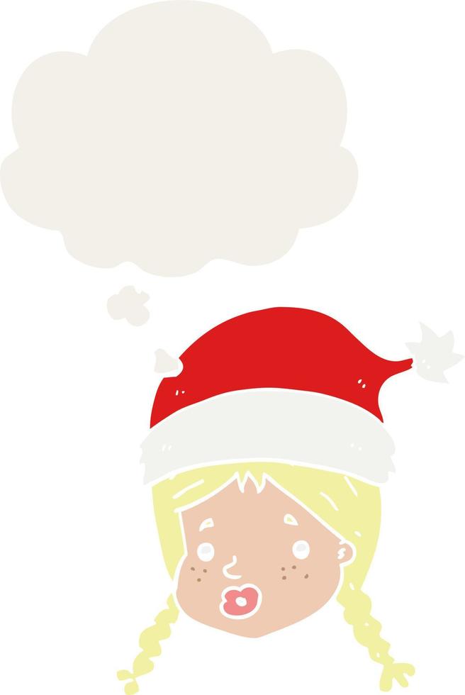 tecknad flicka som bär julhatt och tankebubbla i retrostil vektor