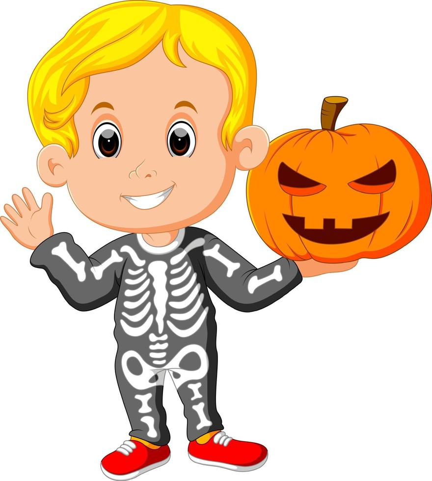 barn med halloween skelett kostym vektor