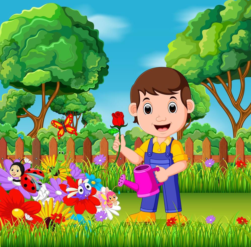 trädgårdsmästare håller blomma och vattenkanna i en blomsterträdgård vektor
