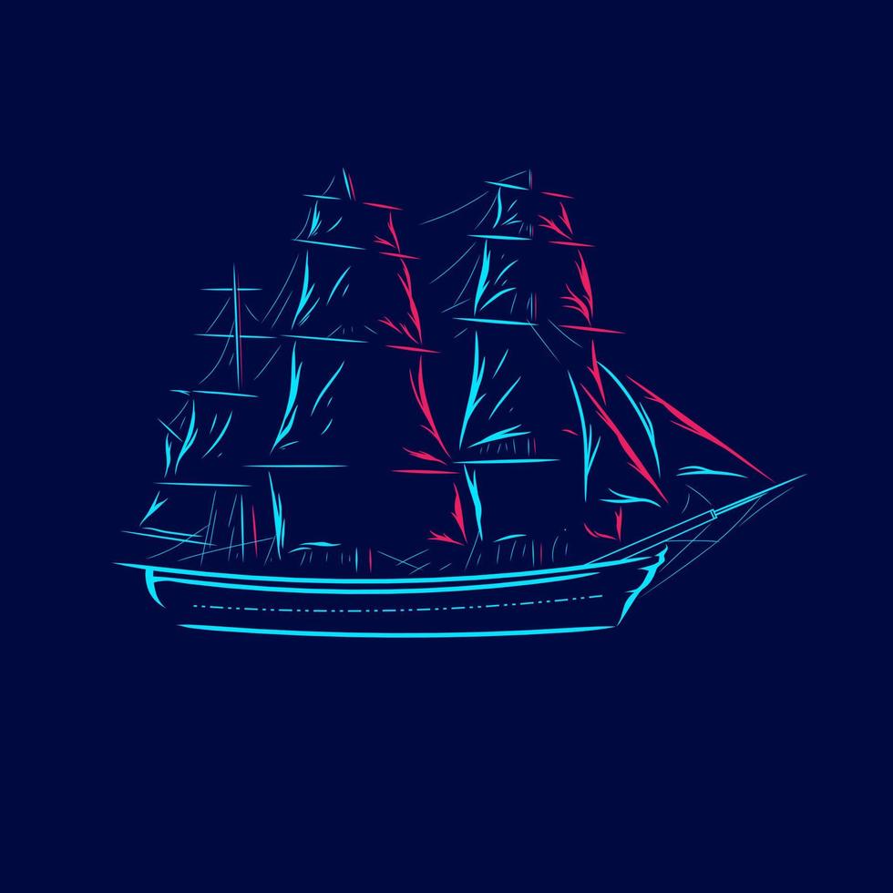 fartyg båt pirater linje popkonst potrait logotyp färgglad design med mörk bakgrund. abstrakt vektor illustration. isolerade svart bakgrund för t-shirt, affisch, kläder.