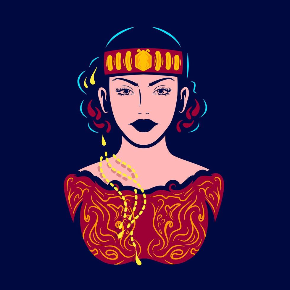 Batak-Leute-Frauen-Pop-Art-Logo. buntes toba asiatisches ethnisches hochzeitskleiddesign mit dunklem hintergrund. Vektor-Illustration. isolierter dunkler hintergrund für t-shirt, poster, kleidung, merch, bekleidung vektor