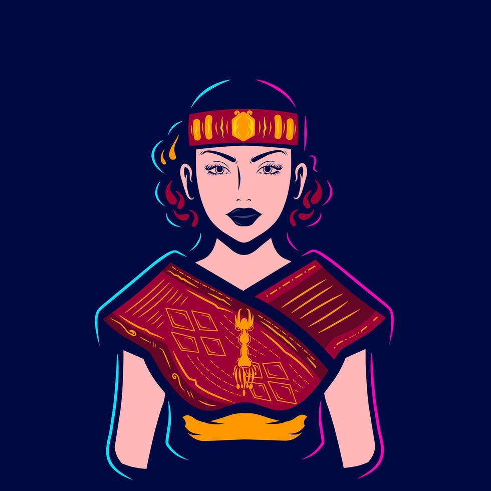 Batak-Leute-Frauen-Pop-Art-Logo. buntes toba asiatisches ethnisches hochzeitskleiddesign mit dunklem hintergrund. Vektor-Illustration. isolierter dunkler hintergrund für t-shirt, poster, kleidung, merch, bekleidung vektor