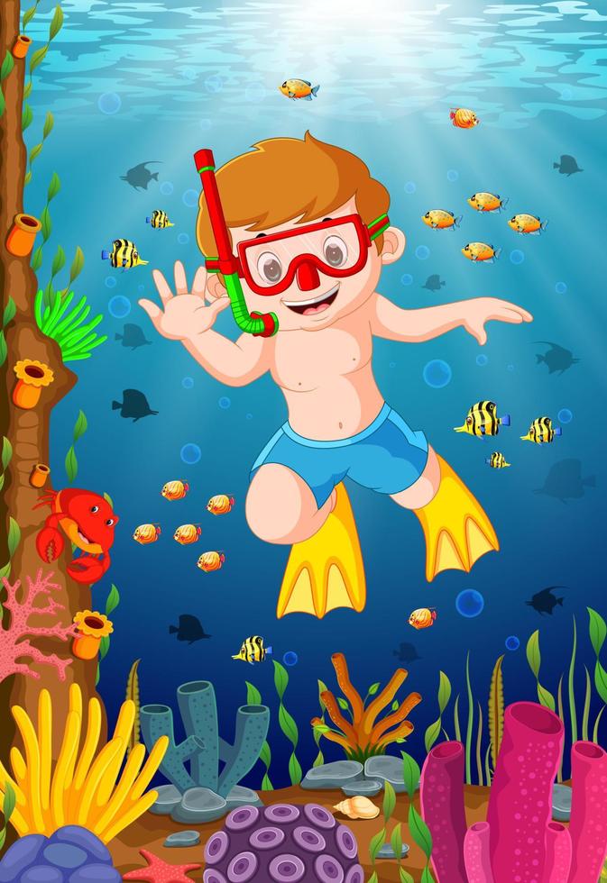 tecknad pojke dykning i havet vektor