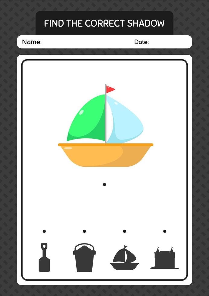 Finden Sie das richtige Schattenspiel mit Segelboot. arbeitsblatt für vorschulkinder, kinderaktivitätsblatt vektor