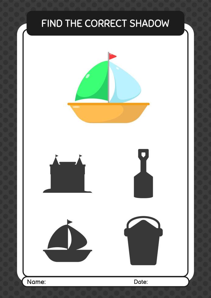 Finden Sie das richtige Schattenspiel mit Segelboot. arbeitsblatt für vorschulkinder, kinderaktivitätsblatt vektor