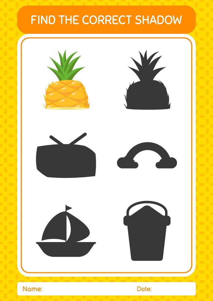 hitta rätt skuggspel med ananas. arbetsblad för förskolebarn, aktivitetsblad för barn vektor