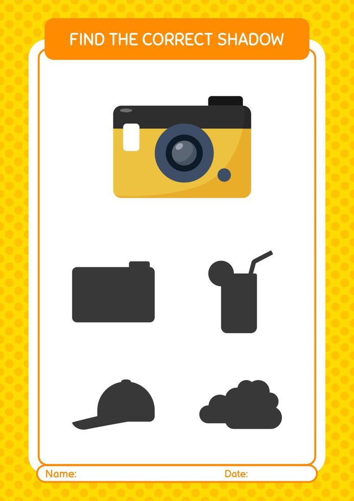 hitta rätt skuggspel med kameran. arbetsblad för förskolebarn, aktivitetsblad för barn vektor