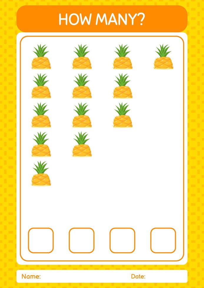 hur många räknar lek med ananas. arbetsblad för förskolebarn, aktivitetsblad för barn vektor