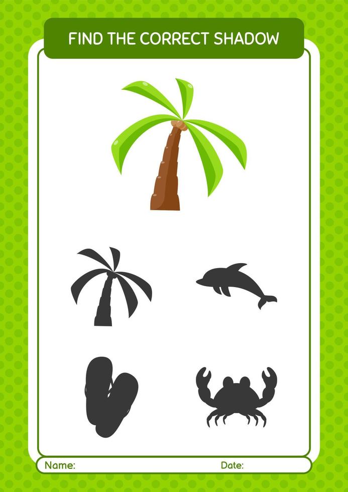 hitta rätt skuggspel med kokospalmer. arbetsblad för förskolebarn, aktivitetsblad för barn vektor