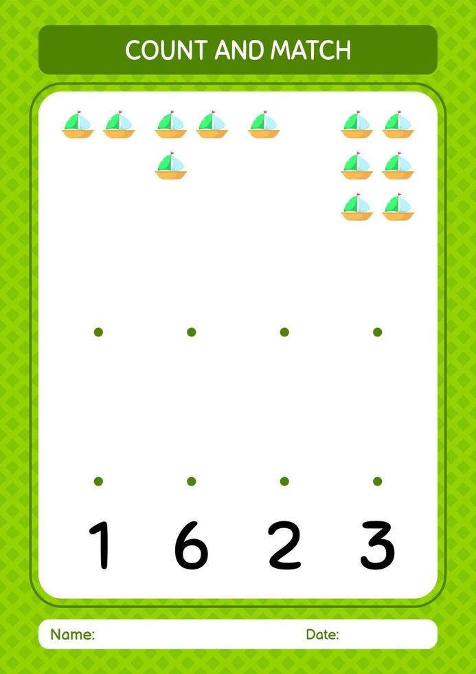 zähle und kombiniere spiel mit segelboot. arbeitsblatt für vorschulkinder, kinderaktivitätsblatt vektor