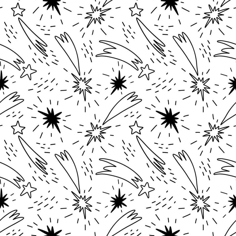 nahtloses Muster mit Sternschnuppen. ein handgezeichnetes Muster aus leuchtenden Kometen mit Schweifen. Vektor Stock Illustration von Himmelsphänomenen schwarz auf weiß.