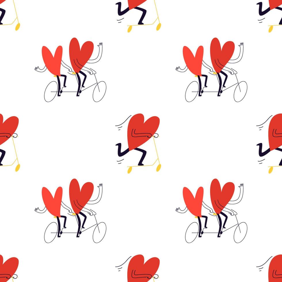 seamless mönster med hjärtan. söta tecknade par cyklar på en dubbelcykel och ett stort hjärta på en skoter. vektor stock illustration i tecknad stil på en vit bakgrund.