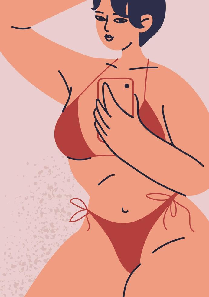 kvinnors affisch, vykort närbild i en baddräkt. ung kvinna med en telefon i handen och en röd bikini. vektorillustration av kvinnlig skönhet och självkärlek i tecknad stil. vektor