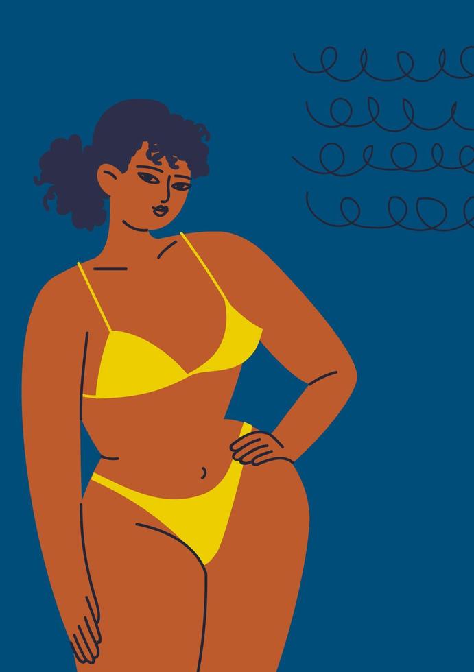 ganska solbränd kvinna i en gul baddräkt på en blå bakgrund. vertikalt tryck av en ung kvinna i ljusa underkläder. vektor illustration av en kvinnlig affisch i tecknad stil.