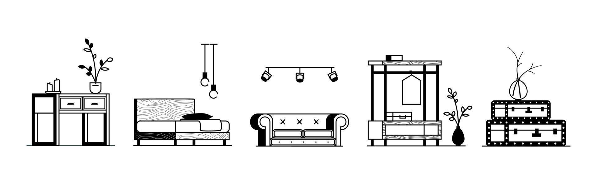 samling av inredningsartiklar. svart på vitt minimalistiska möbler i en frontvy ordnade i rad. vektor stock illustration isolerad på vit bakgrund.