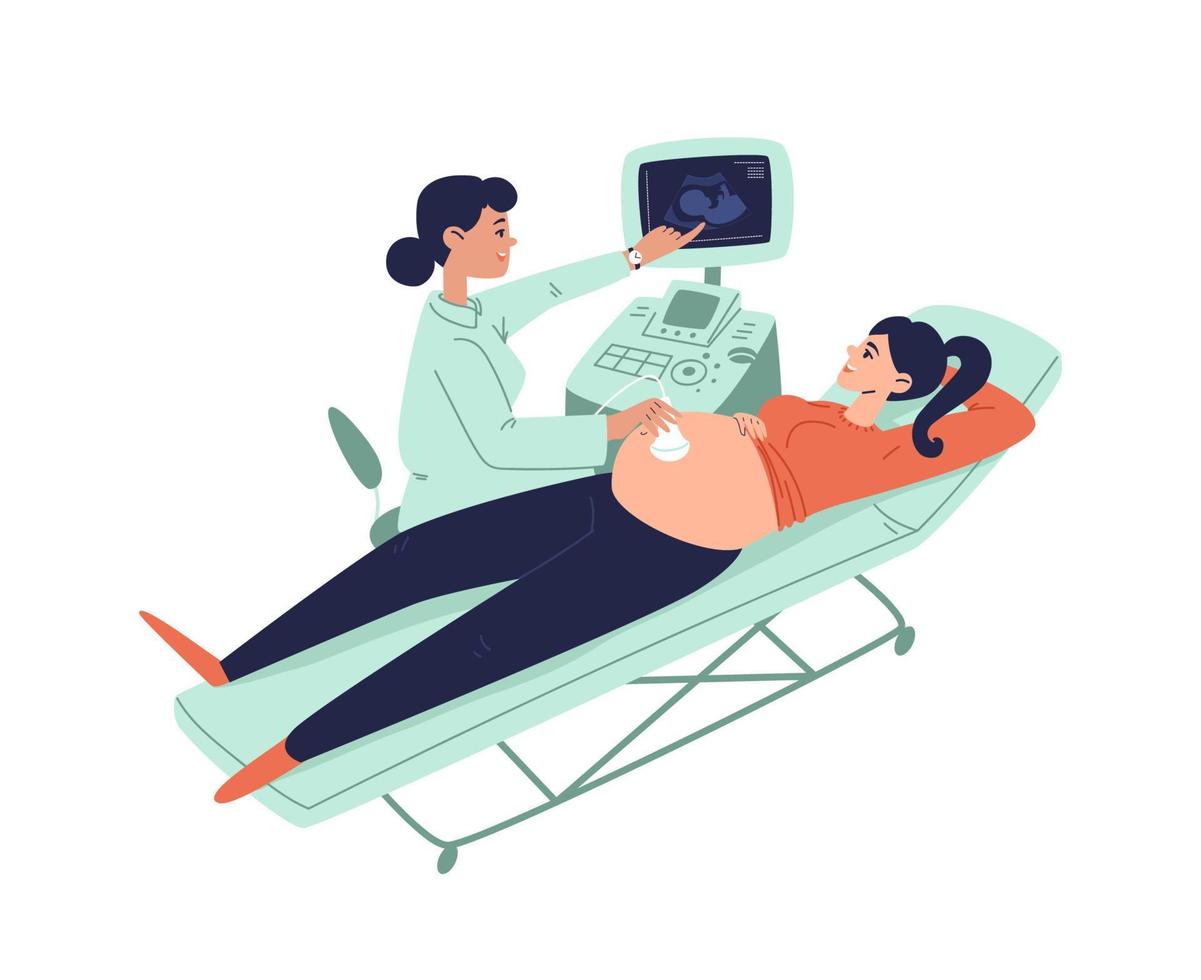 läkare genomför ultraljudsundersökning av en gravid ung kvinna. kvinnlig läkare visar den gravida kvinnan sitt ofödda barn på ultraljudsapparatens monitor. vektor lager illustration på vitt.