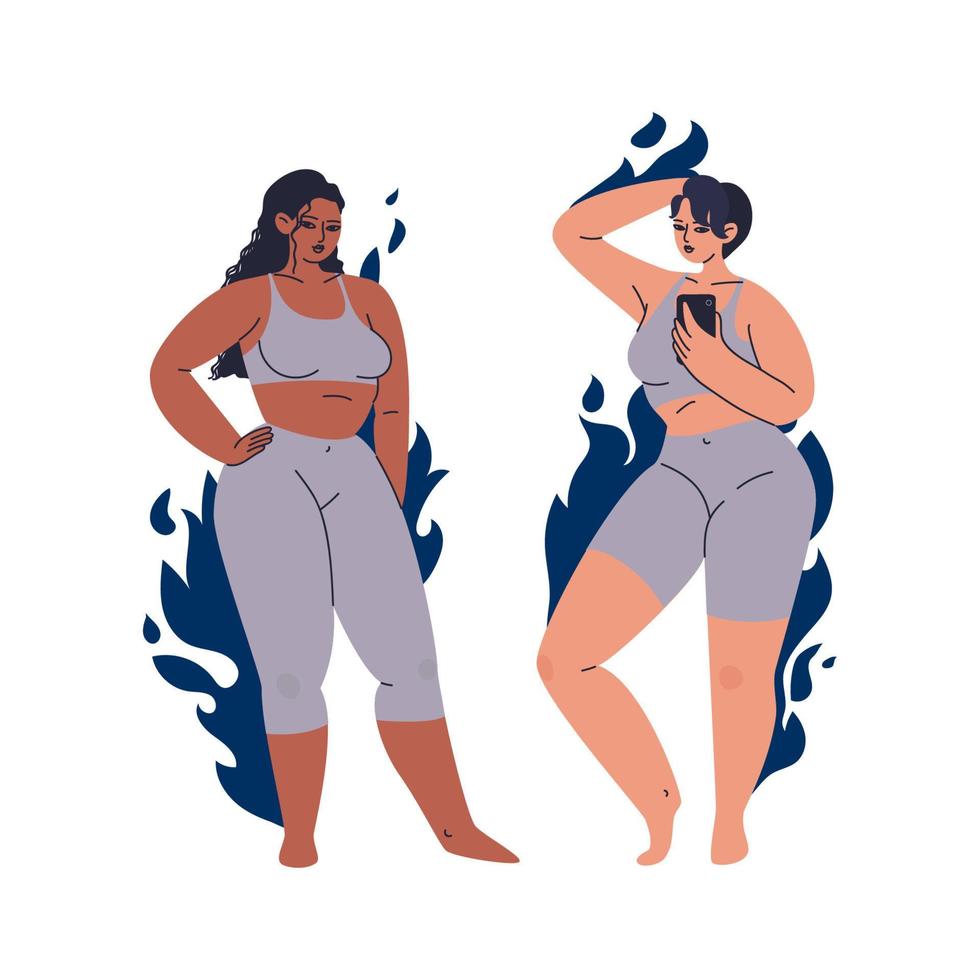 ein Paar attraktive Frauen. verschiedene weibliche Charaktere in einem grauen, eng anliegenden Trainingsanzug. Reihe von übergewichtigen Frauen auf einem Hintergrund von blauen Flammen, isoliert auf weiss. vektor