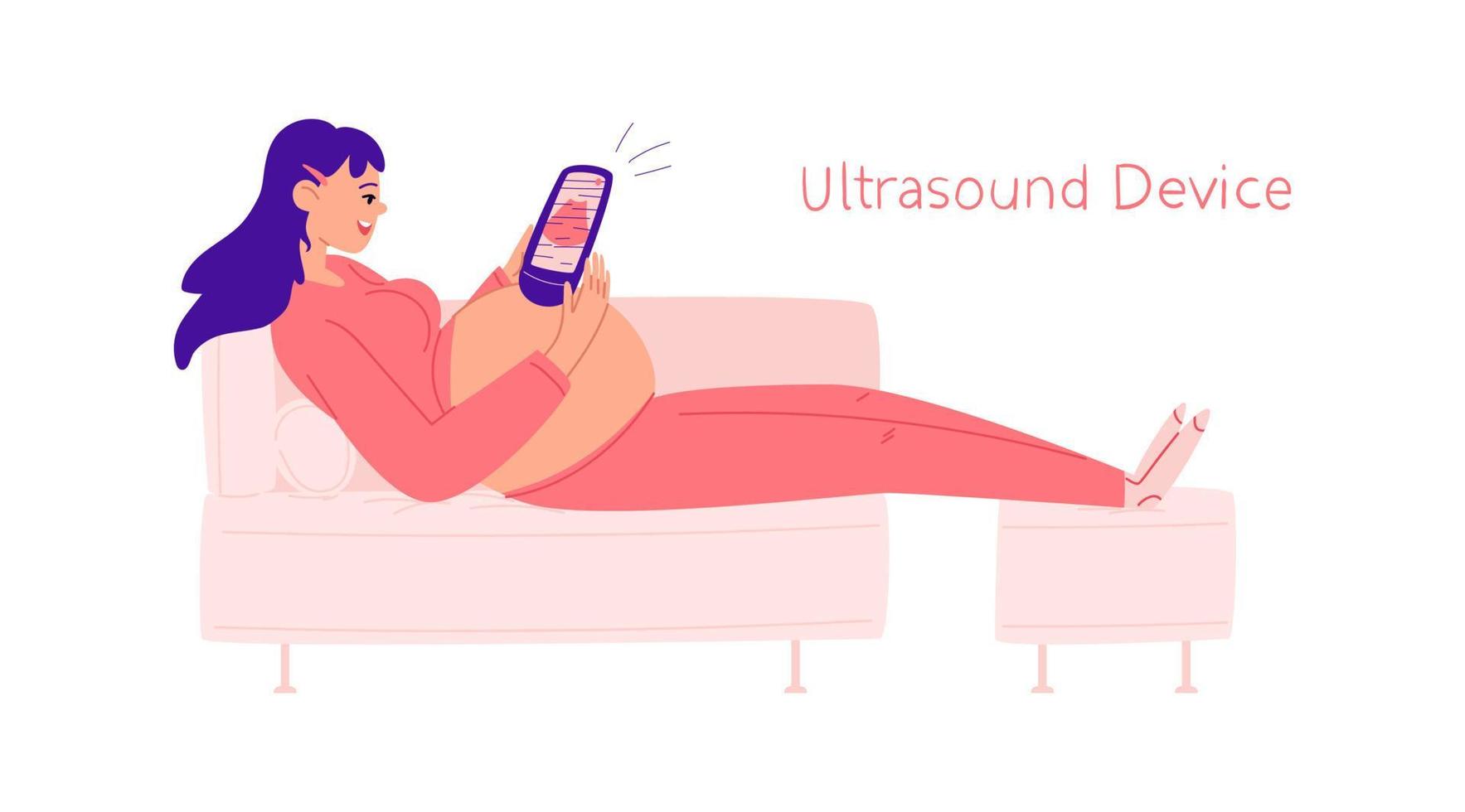 schwangere frau mit einem ultraschallgerät in ihren händen. eine junge frau auf dem sofa führt selbstständig eine ultraschalluntersuchung mit einem tragbaren gerät durch. vektorvorratillustration lokalisiert auf weiß. vektor