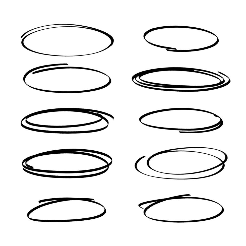 ein Satz handgezeichneter Hervorhebungsmarker. Schwarz auf einer weißen Sammlung frei handgezeichneter grafischer Ellipsen. Vektorgrafik auf Lager isoliert auf weißem Hintergrund. vektor