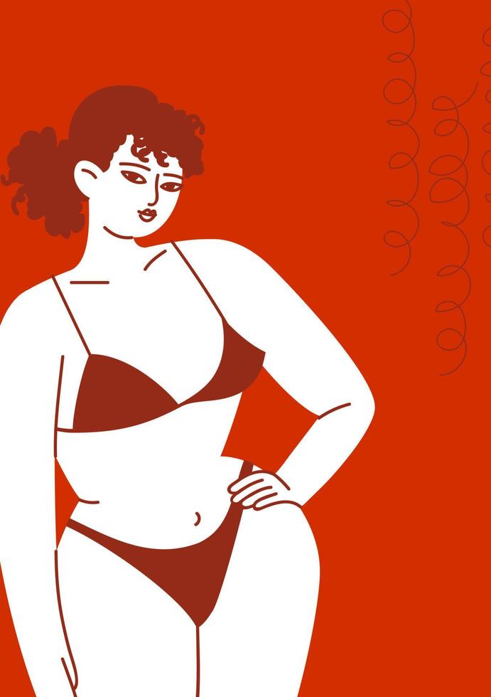 eine junge Frau in einem Badeanzug auf rotem Grund. die nahaufnahme des weiblichen körpers in unterwäsche. Frau mit lockigem Haar. Vektorgrafik für Poster oder Postkarten im Cartoon-Stil. vektor