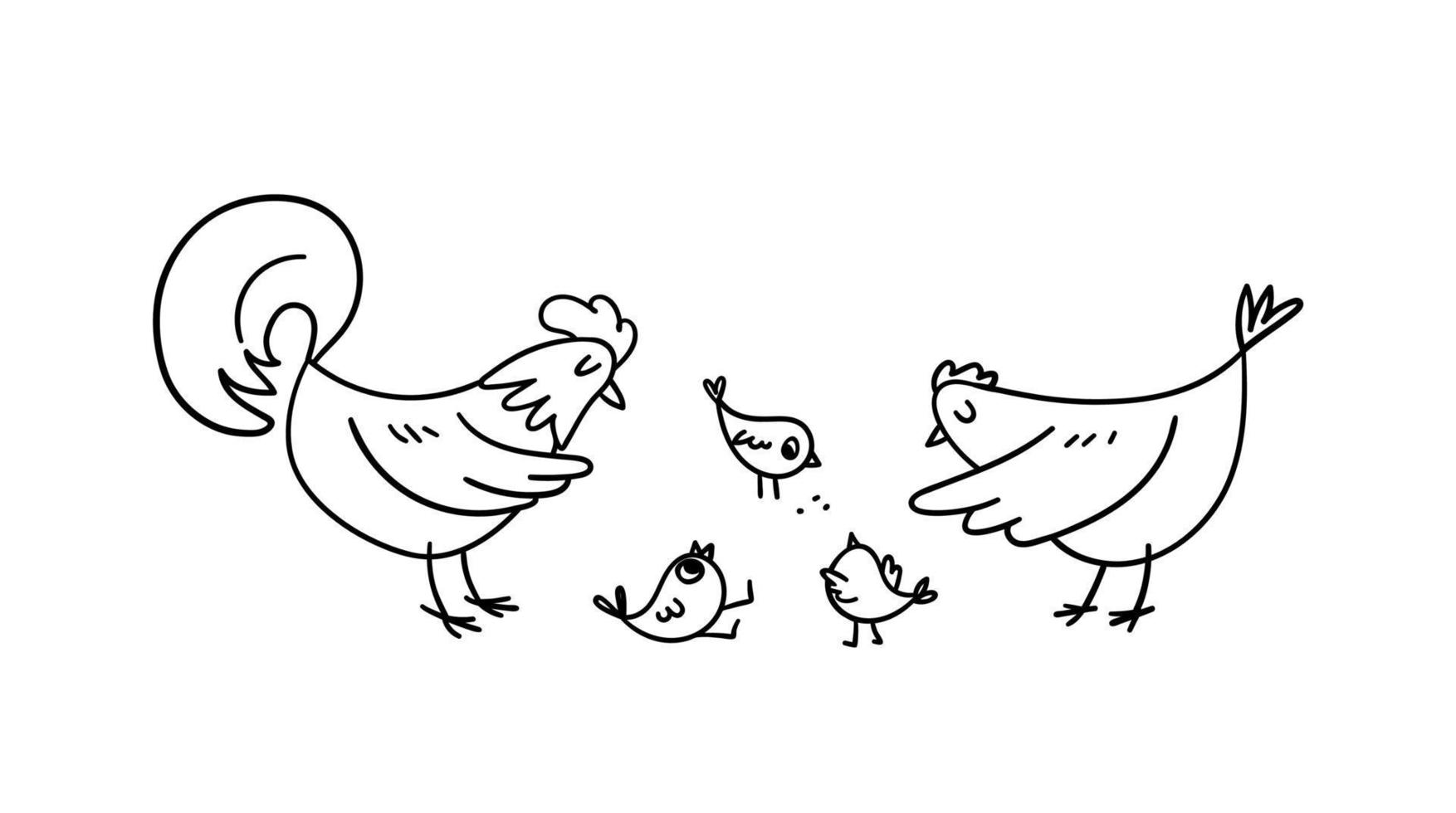 en handritad tupp och en höna omgav de små kycklingarna. doodle fjäderfä höja sina lekande kycklingar. vektor stock illustration av fjäderfäuppfödning svart på en vit bakgrund.
